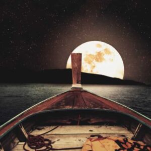 A boat sailing towards the moon